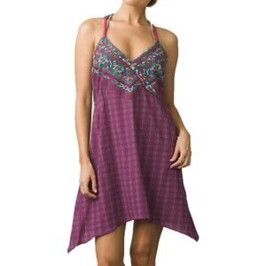 prAna Darya Halter Dress Women’s Small Burgundy Geometric Boho Open Back Cotton